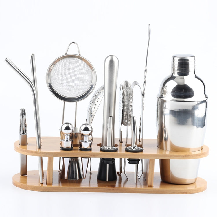 18 in 1 Stainless Steel Cocktail Shaker Set, Oval Bamboo Base, Bar Tool Set, Specification: 750ml