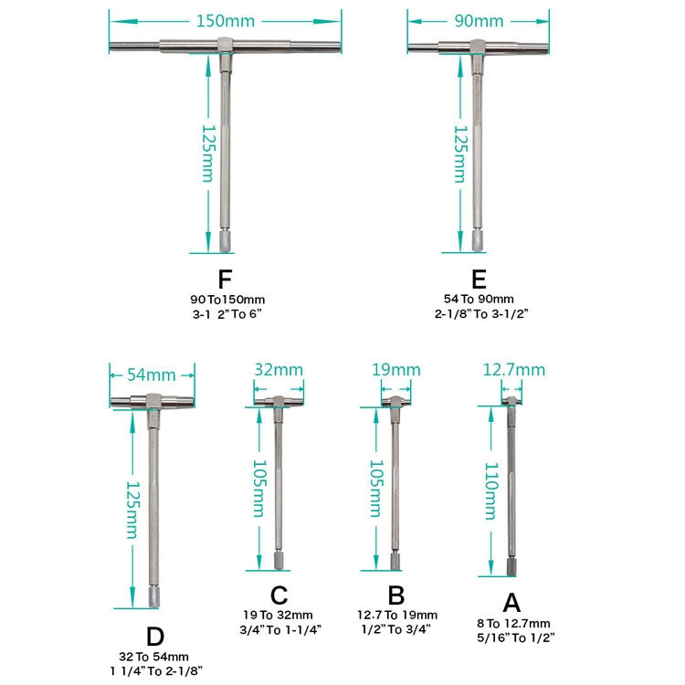 6 PCS / Set Round Head Inner Diameter Telescopic Gauge, Adjustable Inner Diameter Gauge: 8-150mm