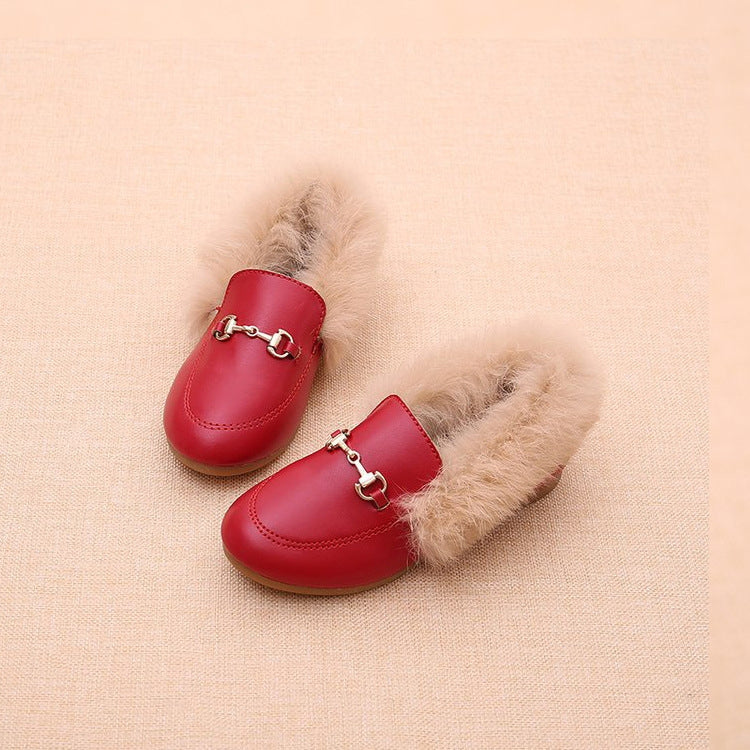 PU Leather And Cashmere Warm Single Shoes Casual Shoes for Girls, Size: 23 Yards 14cm