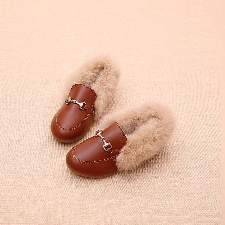 PU Leather And Cashmere Warm Single Shoes Casual Shoes for Girls, Size: 23 Yards 14cm