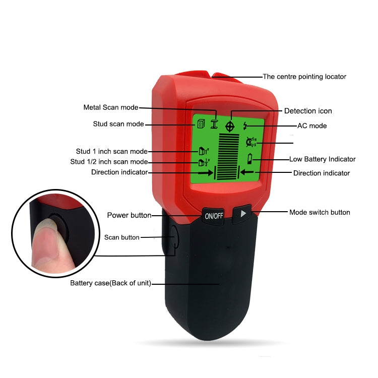 TH300 Handheld Wall Detector Magnetic Metal Detector Beam Column Wire Wood Detector(Red)