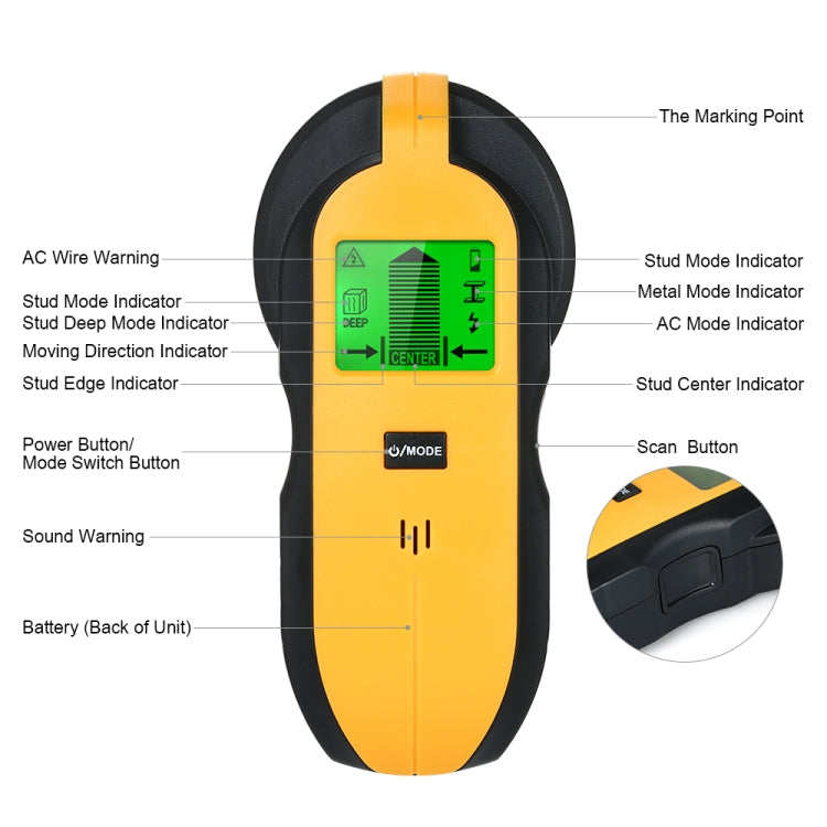 TH250 4 In 1 AC Wire Metal Studs Deep Wall Detector Handheld Metal Detector Stud Wood Beam Column Current Detector(Yellow)