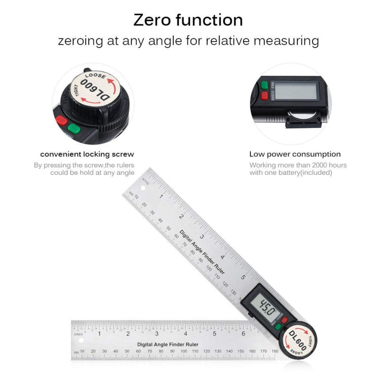 DL600 Multifunctional Electronic Protractor Stainless Steel Digital Display Universal Angle Ruler(Silver Gray)