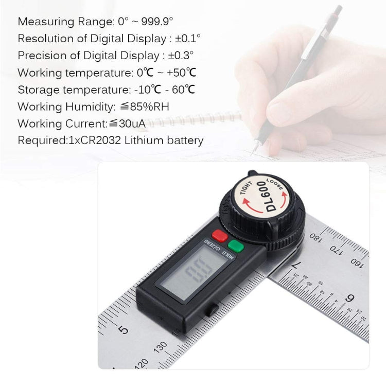 DL600 Multifunctional Electronic Protractor Stainless Steel Digital Display Universal Angle Ruler(Silver Gray)