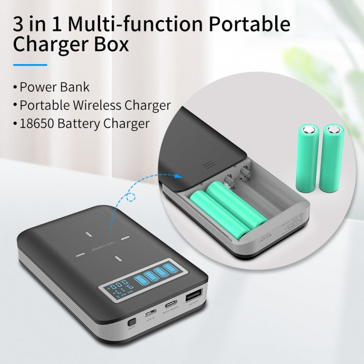 4 X 18650 Battery (Not Included) Dual-Way QC Charger Power Bank Shell Box With 2 X USB Interface Output & Display & Wireless Charging