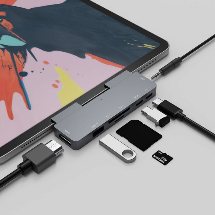 300A 7 in 1 USB3.0x1 + HDMIx1 + PD Portx1 + Type-Cx1 + SD/TF + 3.5mm Portx1 Multifunctional Extension HUB Adapter for iPad Pro(Gray)