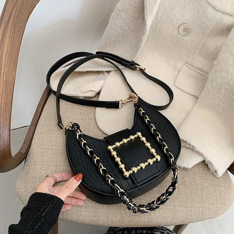 319HC Winter Animal Print Underarm Small Square Bag With Rhinestone Lock One-Shoulder Messenger Handbag(Black)