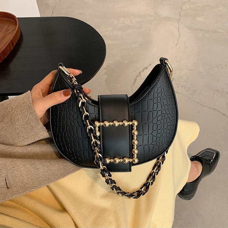 319HC Winter Animal Print Underarm Small Square Bag With Rhinestone Lock One-Shoulder Messenger Handbag(Black)
