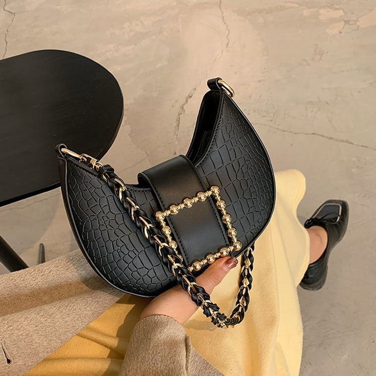319HC Winter Animal Print Underarm Small Square Bag With Rhinestone Lock One-Shoulder Messenger Handbag(Black)