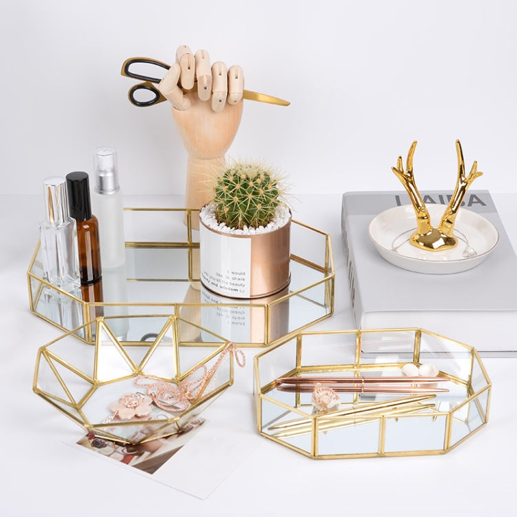 Glass Storage Tray Golden Retro Polygon Mirror Tray Brass Desktop Cosmetics Storage Tray Polygon Large