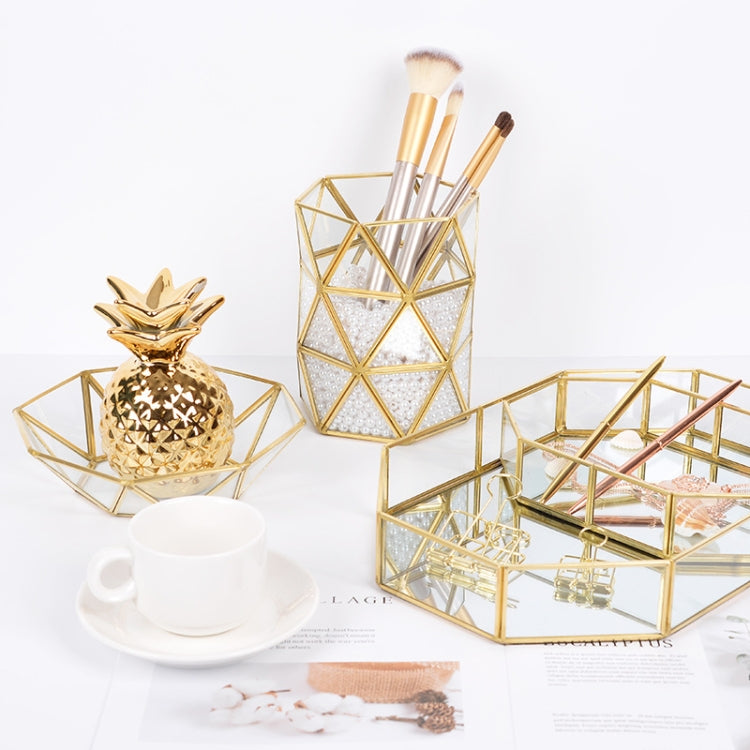 Glass Storage Tray Golden Retro Polygon Mirror Tray Brass Desktop Cosmetics Storage Tray Polygon Large