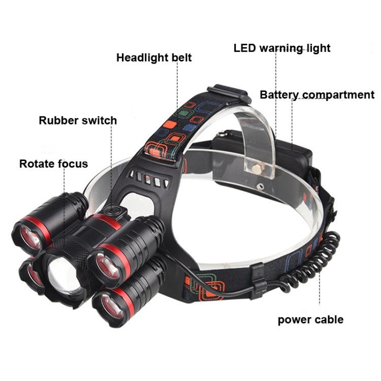 TG-T003 Rechargeable Headlamp Head-Mounted Zoom 5LED Outdoor Fishing Light Searchlight (USB Port 2 Battery + USB Cable)