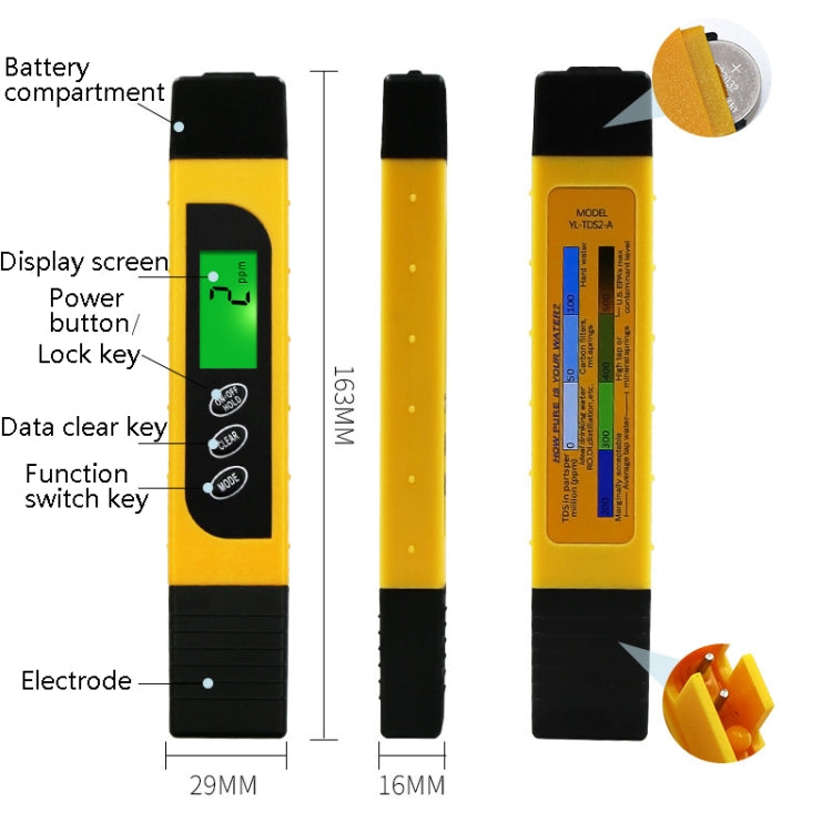 TDS Water Quality Test Pen Conductivity Temperature Detection Drinking Water Purifier Household Water Quality Detection Tool Instrument