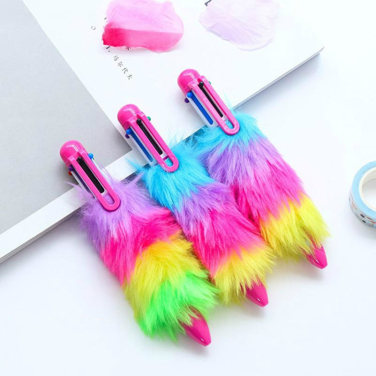 2 PCS Cute Plush Rainbow Six-color Ballpoint Pen School Office Accessories Writing Stationery