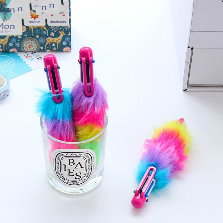 2 PCS Cute Plush Rainbow Six-color Ballpoint Pen School Office Accessories Writing Stationery