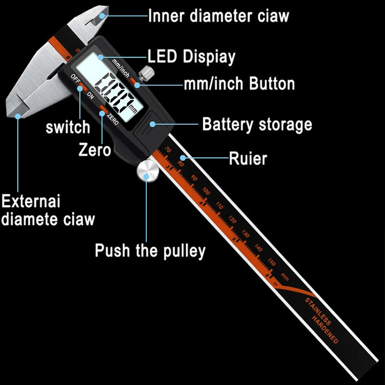 0-150mm Plastic Meter Stainless Steel Body Digital Display Electronic High-Precision Vernier Caliper, Specification: 3 Units of mm/in/f