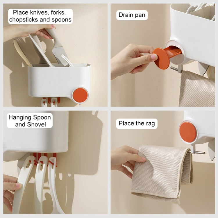 Multifunctional Wall-Mounted Chopstick Cage Kitchen Stainless Steel Tableware Compartment Storage Rack(White Orange)