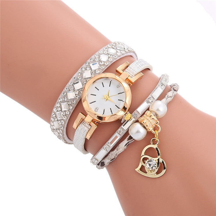 2 PCS Ladies Diamond-Studded Leather Belt Bracelet Watch With Love-Heart Shape Pendant