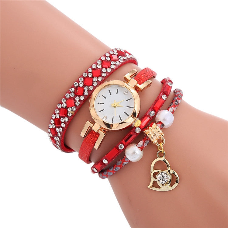 2 PCS Ladies Diamond-Studded Leather Belt Bracelet Watch With Love-Heart Shape Pendant