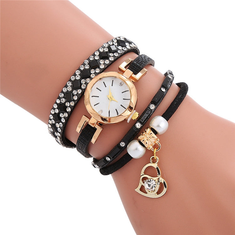 2 PCS Ladies Diamond-Studded Leather Belt Bracelet Watch With Love-Heart Shape Pendant