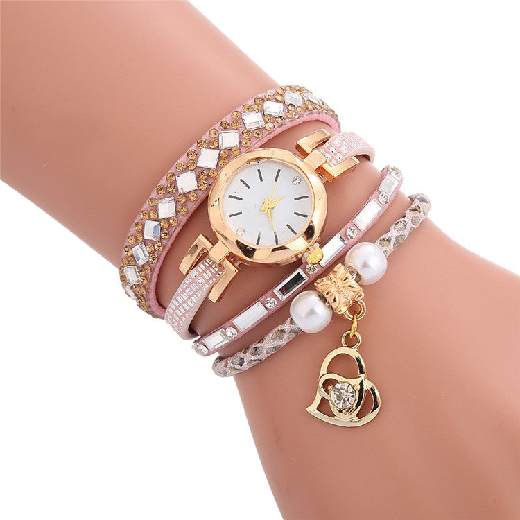 2 PCS Ladies Diamond-Studded Leather Belt Bracelet Watch With Love-Heart Shape Pendant