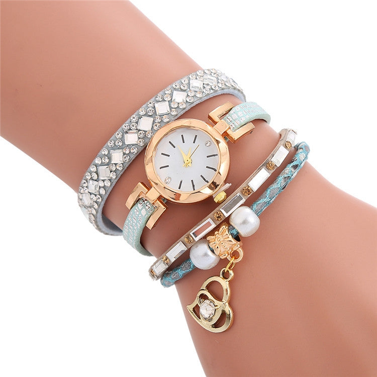 2 PCS Ladies Diamond-Studded Leather Belt Bracelet Watch With Love-Heart Shape Pendant