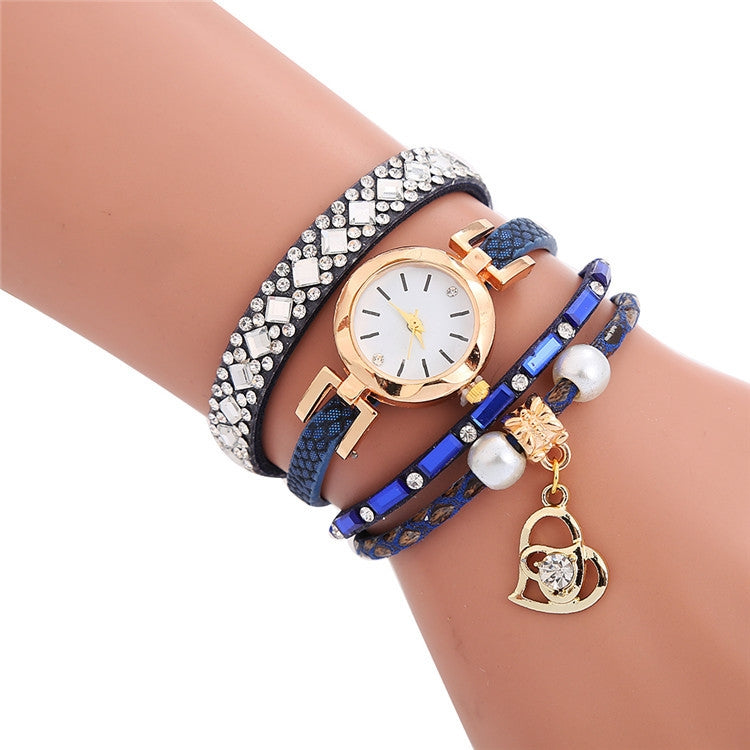2 PCS Ladies Diamond-Studded Leather Belt Bracelet Watch With Love-Heart Shape Pendant