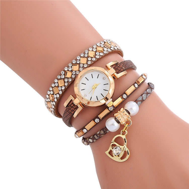 2 PCS Ladies Diamond-Studded Leather Belt Bracelet Watch With Love-Heart Shape Pendant