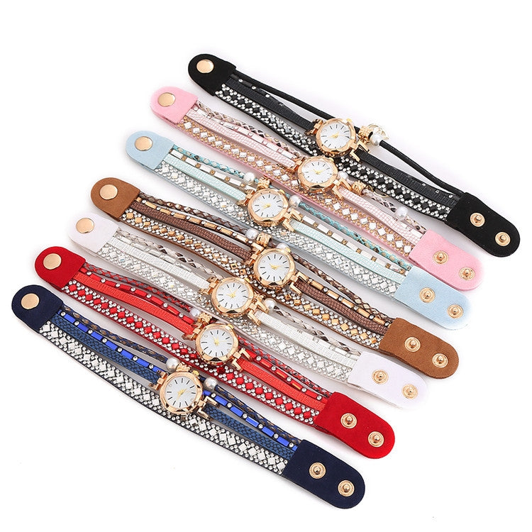 2 PCS Ladies Diamond-Studded Leather Belt Bracelet Watch With Love-Heart Shape Pendant