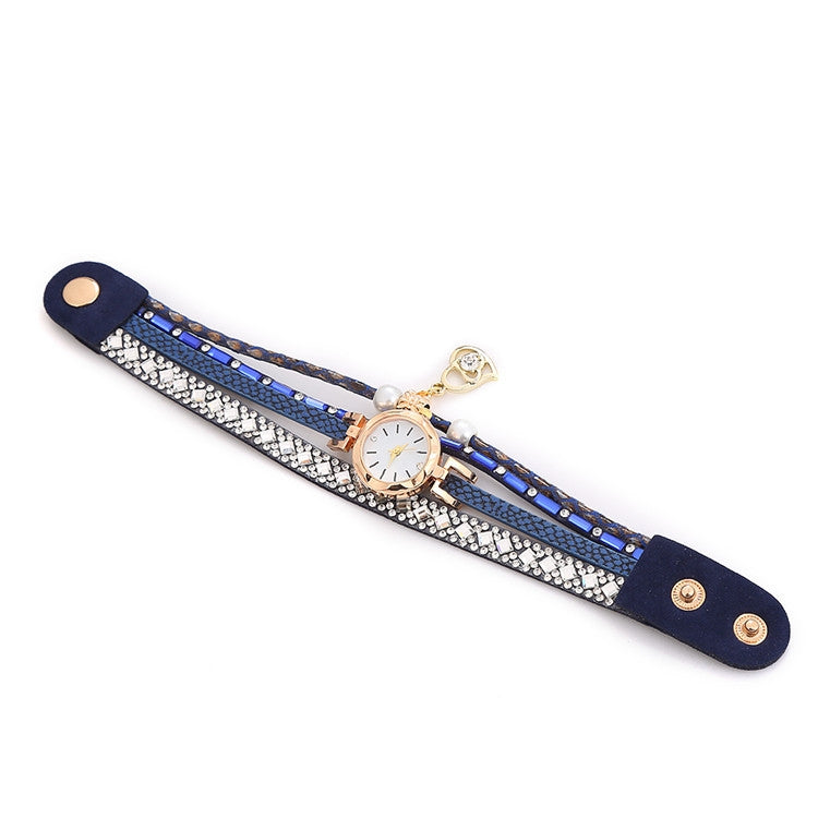 2 PCS Ladies Diamond-Studded Leather Belt Bracelet Watch With Love-Heart Shape Pendant