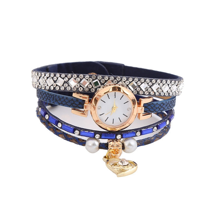 2 PCS Ladies Diamond-Studded Leather Belt Bracelet Watch With Love-Heart Shape Pendant
