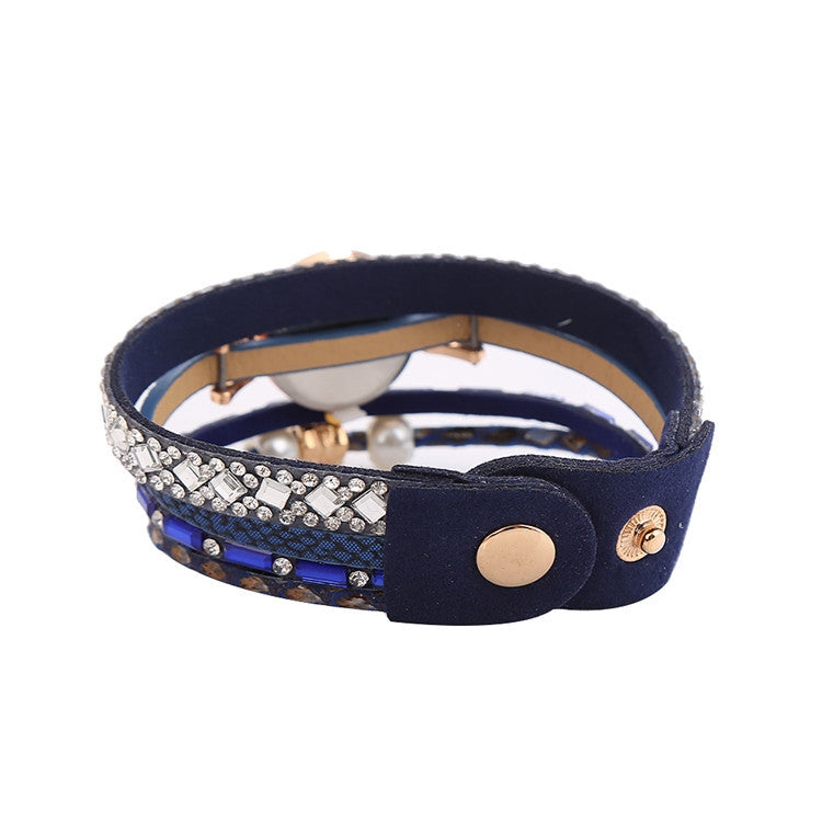 2 PCS Ladies Diamond-Studded Leather Belt Bracelet Watch With Love-Heart Shape Pendant