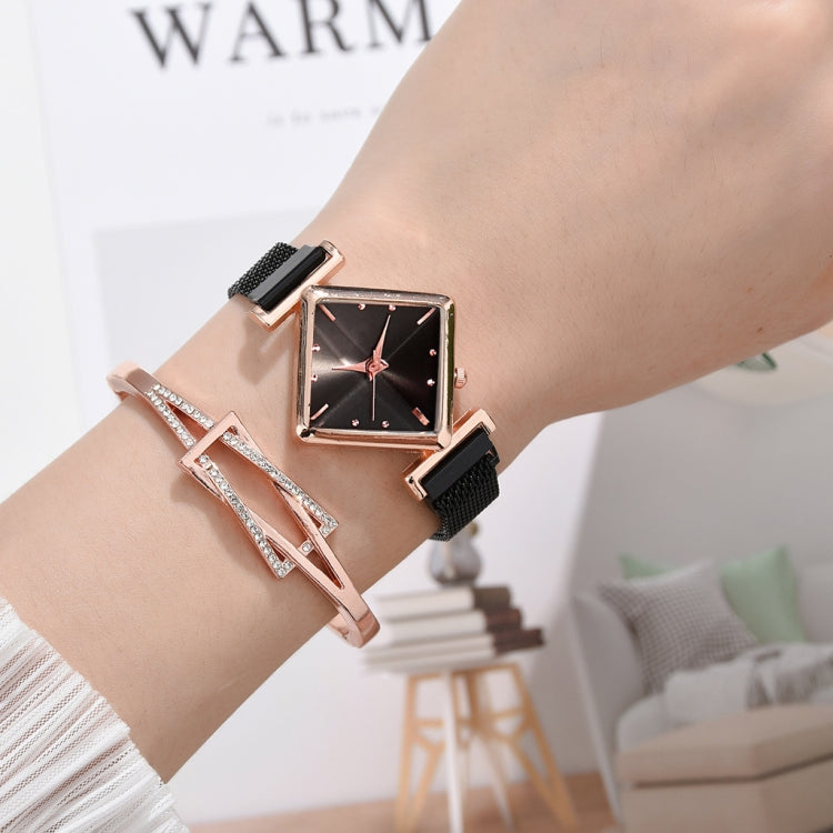 2 PCS Ladies Diamond Dial Quartz Watch, Colour: Black + Bracelet