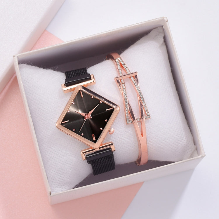 2 PCS Ladies Diamond Dial Quartz Watch, Colour: Black + Bracelet
