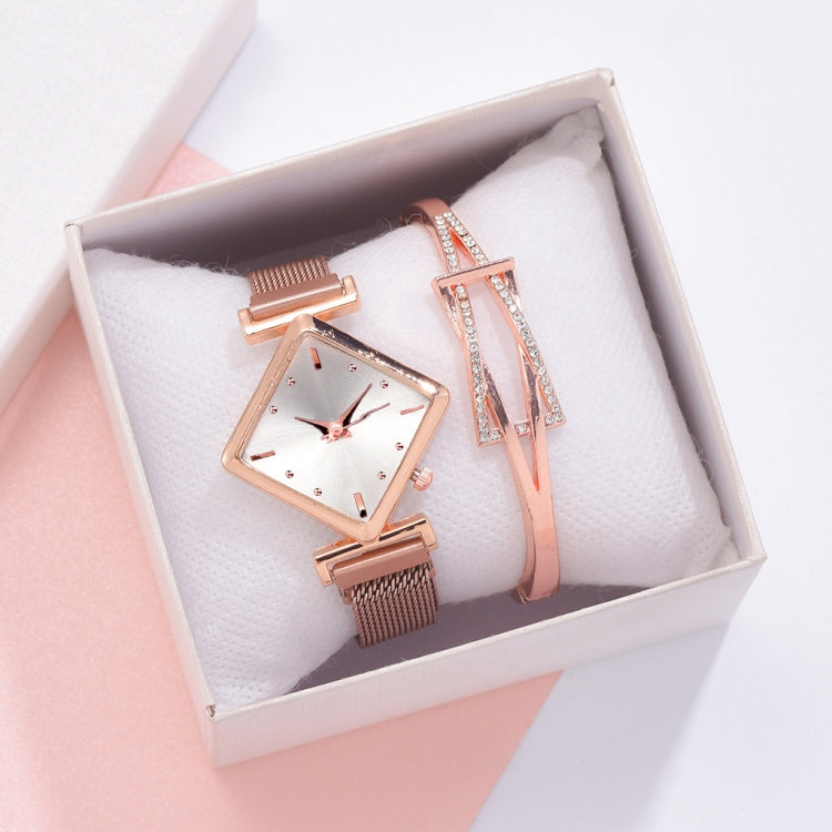 2 PCS Ladies Diamond Dial Quartz Watch, Colour: Rose Gold White + Bracelet