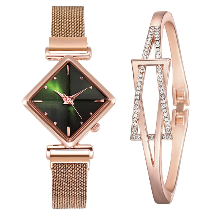 2 SET Ladies Diamond Dial Quartz Watch, Colour: Rose Gold Green + Bracelet