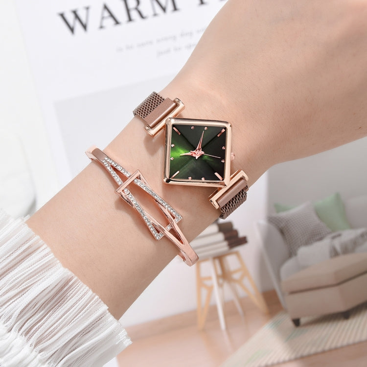 2 SET Ladies Diamond Dial Quartz Watch, Colour: Rose Gold Green + Bracelet