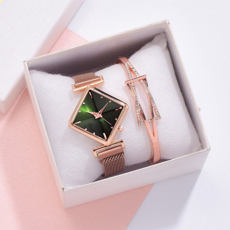 2 SET Ladies Diamond Dial Quartz Watch, Colour: Rose Gold Green + Bracelet