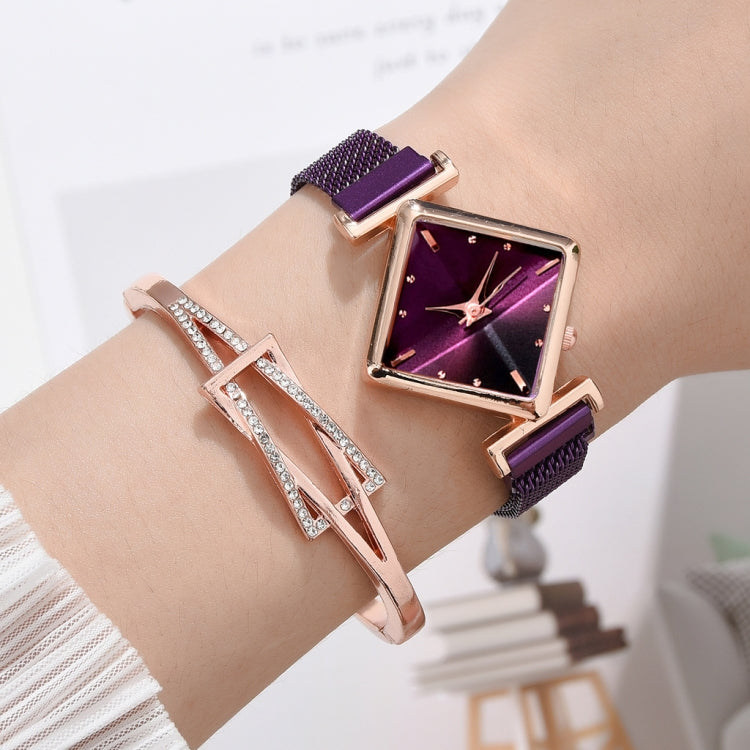 2 SET Ladies Diamond Dial Quartz Watch, Colour: Purple + Bracelet