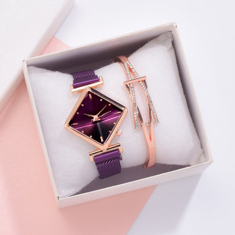 2 SET Ladies Diamond Dial Quartz Watch, Colour: Purple + Bracelet