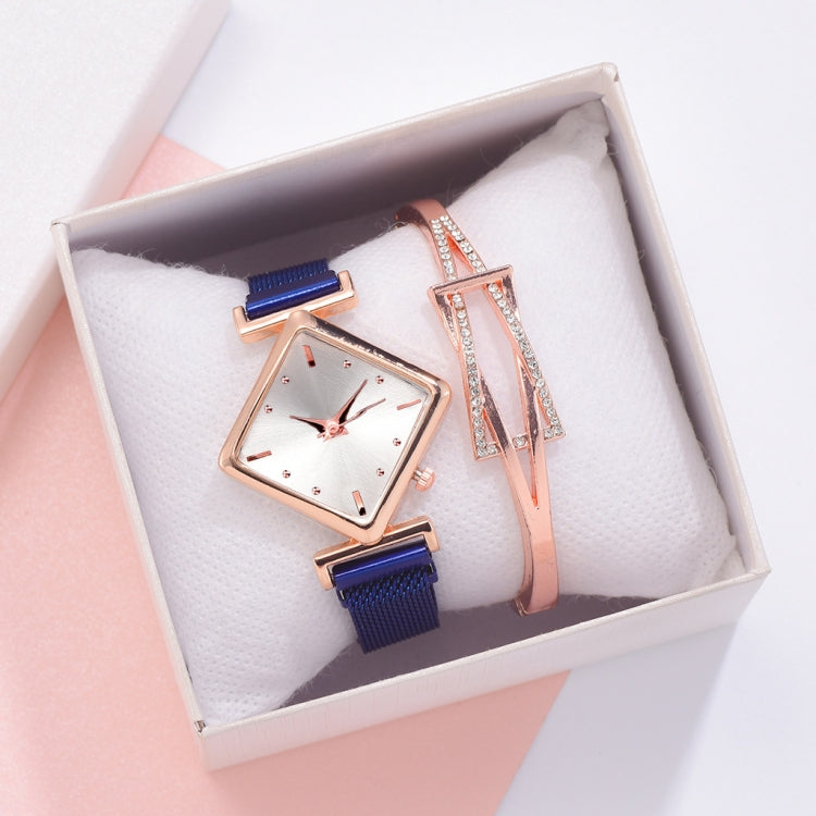 2 SET Ladies Diamond Dial Quartz Watch, Colour: Blue + Bracelet