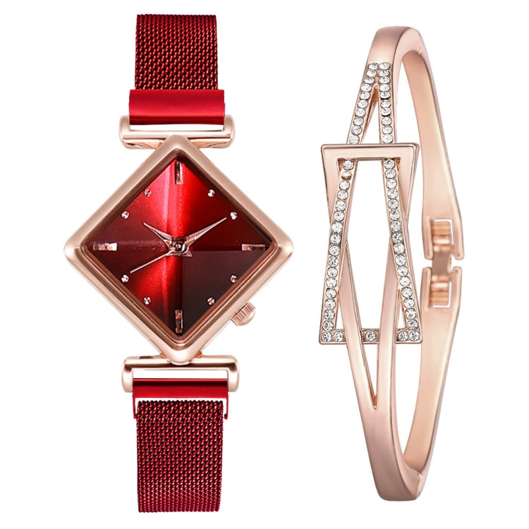 2 SET Ladies Diamond Dial Quartz Watch, Colour: Red + Bracelet