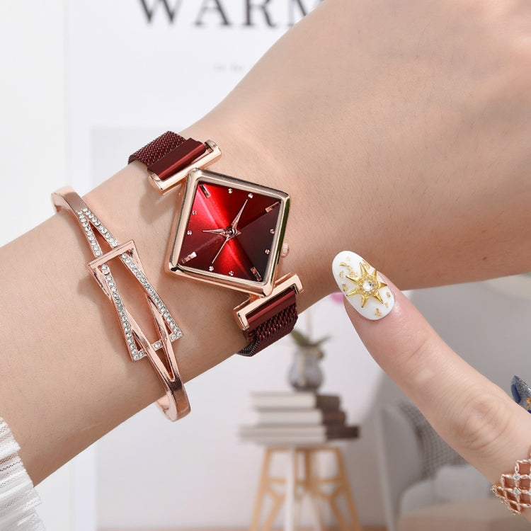 2 SET Ladies Diamond Dial Quartz Watch, Colour: Red + Bracelet