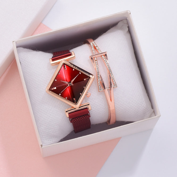 2 SET Ladies Diamond Dial Quartz Watch, Colour: Red + Bracelet