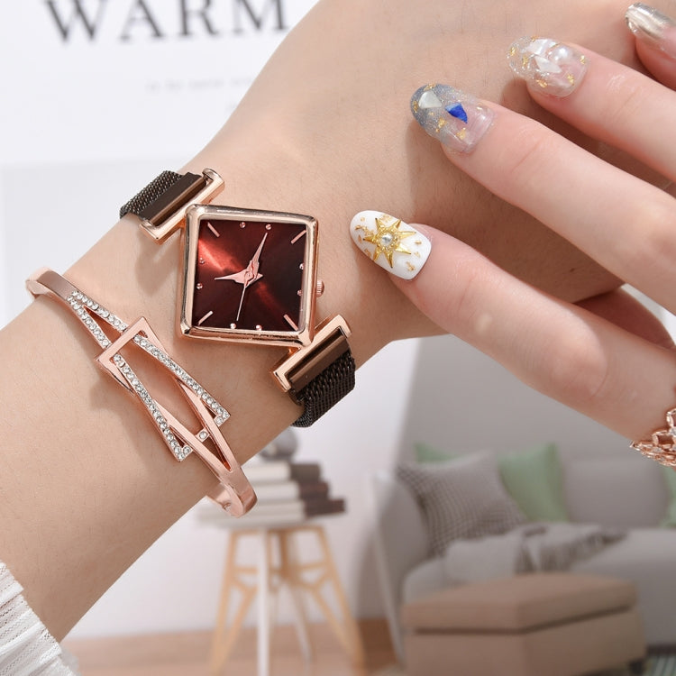 2 SET Ladies Diamond Dial Quartz Watch, Colour: Brown + Bracelet
