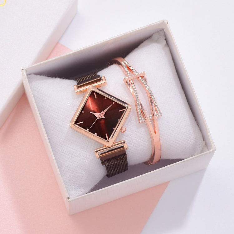 2 SET Ladies Diamond Dial Quartz Watch, Colour: Brown + Bracelet