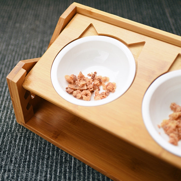 Bamboo Wood Lifting Cat Dining Table Adjustable Height Inclined Cat Bowl, Specification: Upgrade Porcelain Bowl