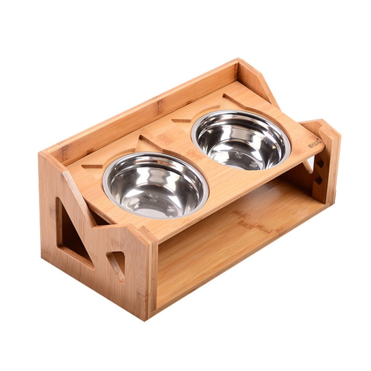 Bamboo Wood Lifting Cat Dining Table Adjustable Height Inclined Cat Bowl, Specification: Upgrade Stainless Steel Bowl