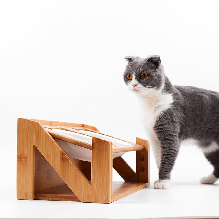 Bamboo Wood Lifting Cat Dining Table Adjustable Height Inclined Cat Bowl, Specification: N Bowl Porcelain Bowl