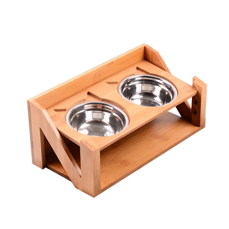 Bamboo Wood Lifting Cat Dining Table Adjustable Height Inclined Cat Bowl, Specification: N Bowl Stainless Steel Bowl
